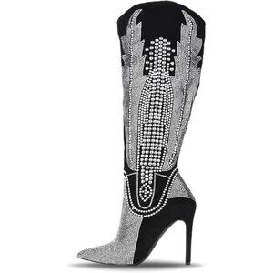 Women Black Cape Robbin Knee-High Western Wide Calf Stiletto Heel Dress Boots